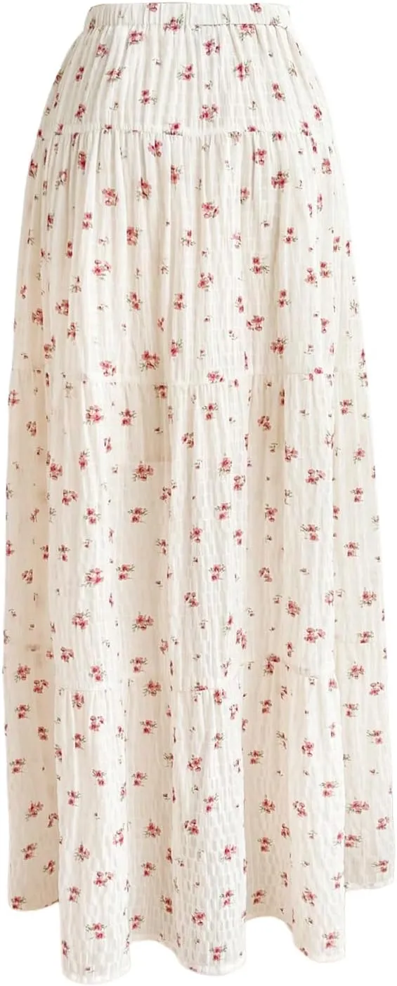 MakeMeChic Women's Ditsy Floral Print Elastic Waist Ruffle Flared Hem Maxi Skirts