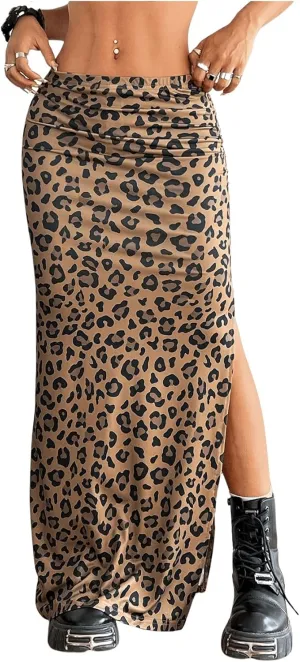MakeMeChic Women's Leopard Print Split Thigh Ruched Skinny Fit Bodycon Long Maxi Skirts