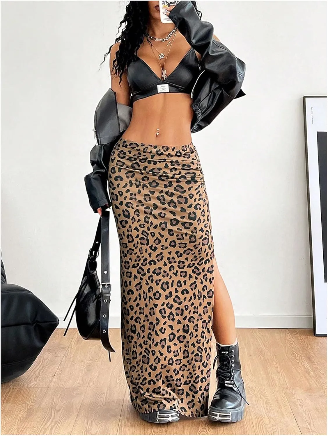 MakeMeChic Women's Leopard Print Split Thigh Ruched Skinny Fit Bodycon Long Maxi Skirts