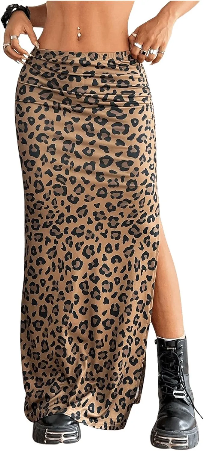 MakeMeChic Women's Leopard Print Split Thigh Ruched Skinny Fit Bodycon Long Maxi Skirts