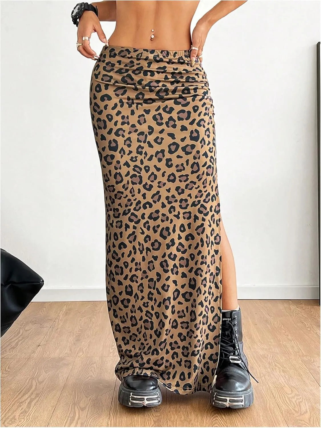 MakeMeChic Women's Leopard Print Split Thigh Ruched Skinny Fit Bodycon Long Maxi Skirts