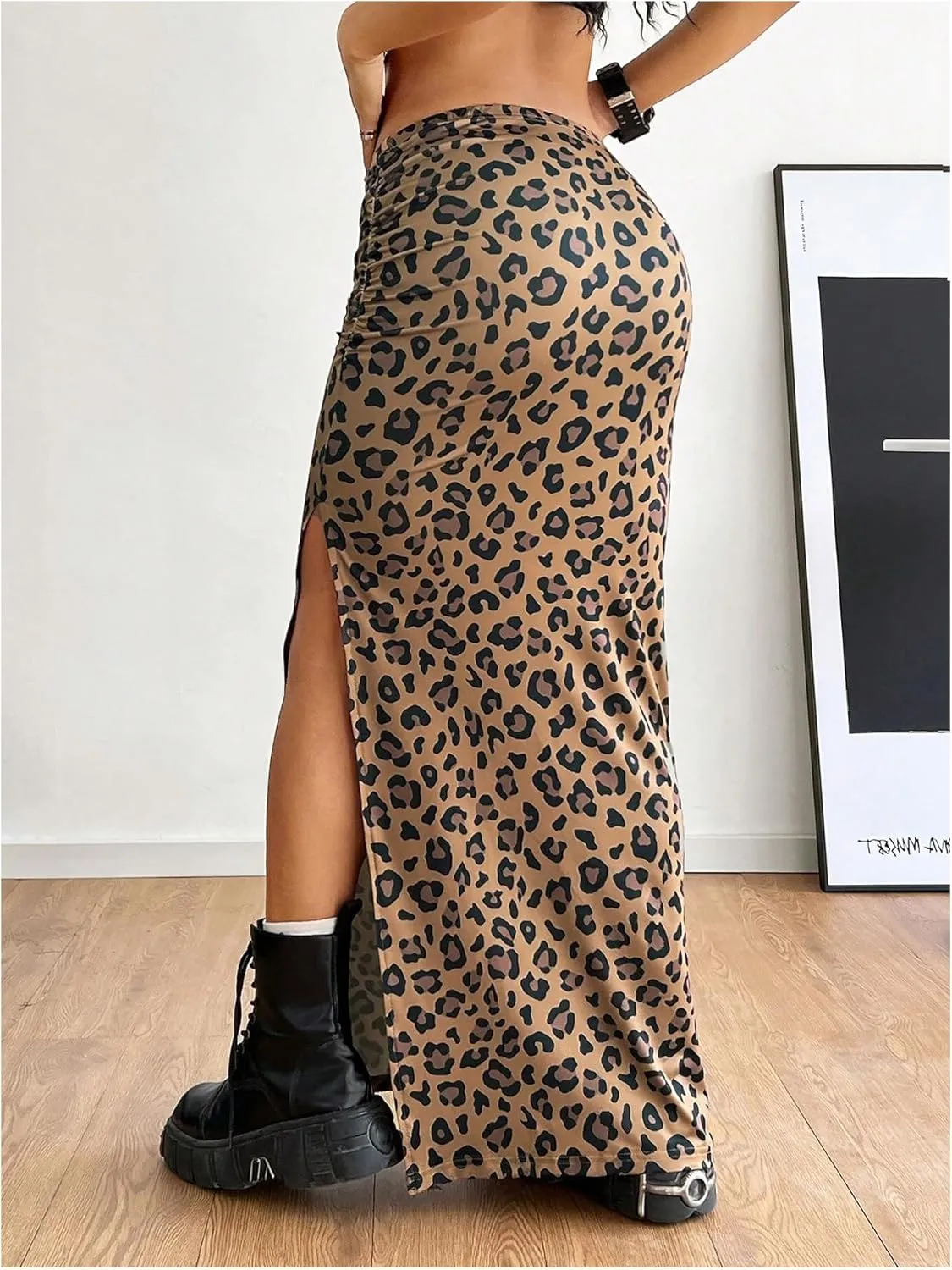 MakeMeChic Women's Leopard Print Split Thigh Ruched Skinny Fit Bodycon Long Maxi Skirts
