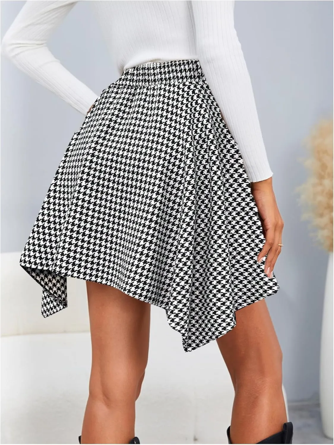 MakeMeChic Women's Plaid Bow Tie Front Skirt Elastic High Waisted Asymmetrical Mini Skirts