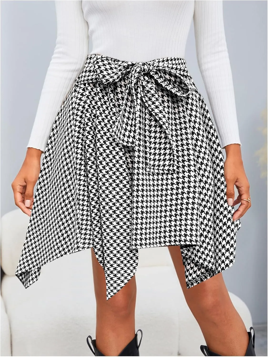 MakeMeChic Women's Plaid Bow Tie Front Skirt Elastic High Waisted Asymmetrical Mini Skirts