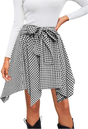 MakeMeChic Women's Plaid Bow Tie Front Skirt Elastic High Waisted Asymmetrical Mini Skirts