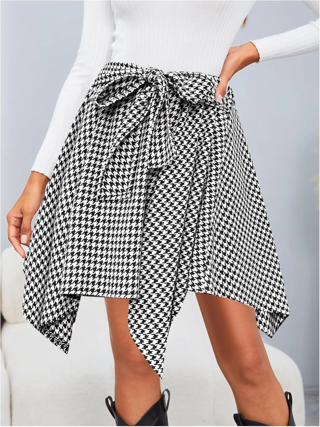 MakeMeChic Women's Plaid Bow Tie Front Skirt Elastic High Waisted Asymmetrical Mini Skirts