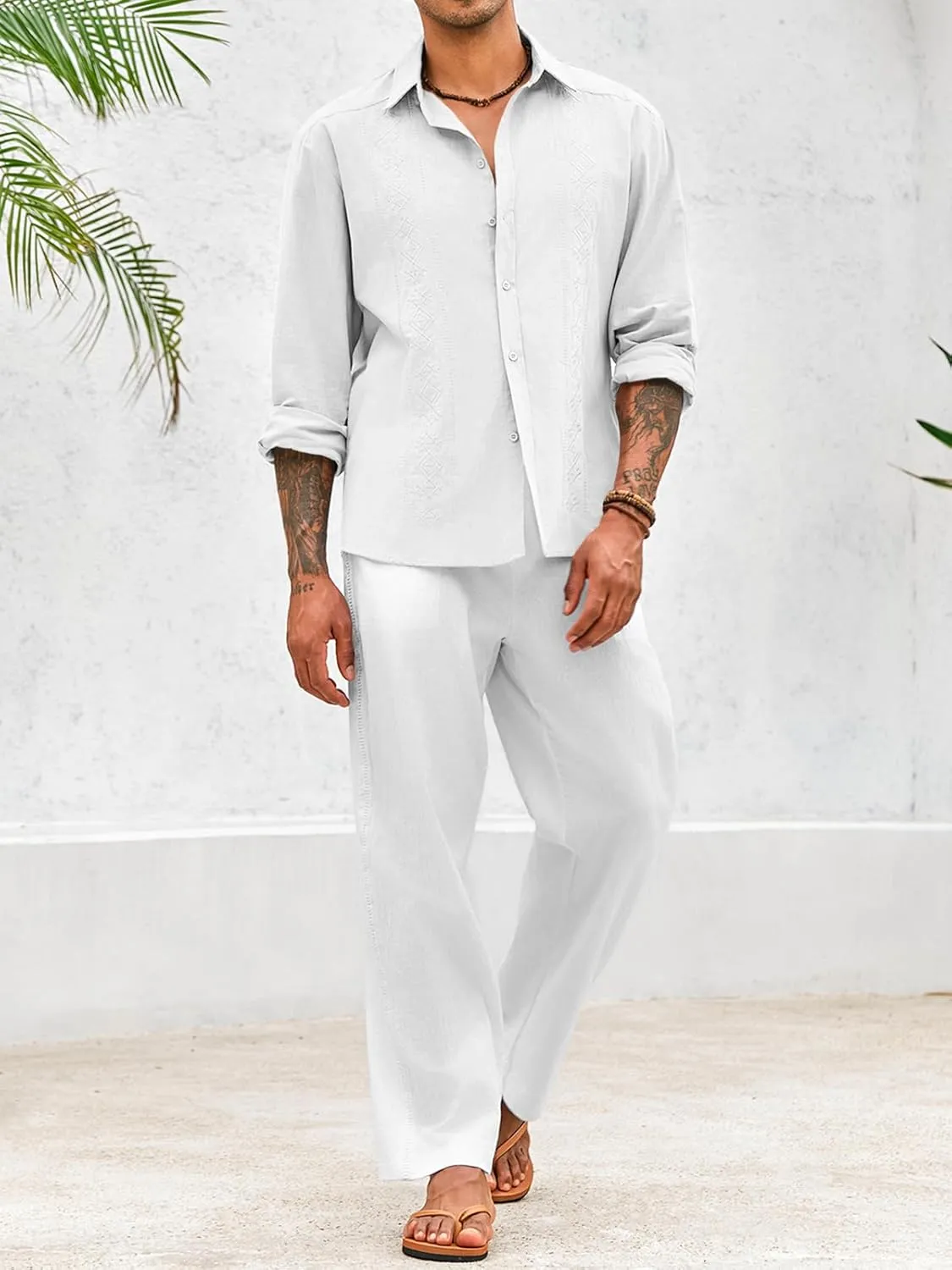 Makkrom Men's Casual Cotton Linen Button Down Shirts Cuban Guayabera Shirt Long Sleeve Summer Beach Tops