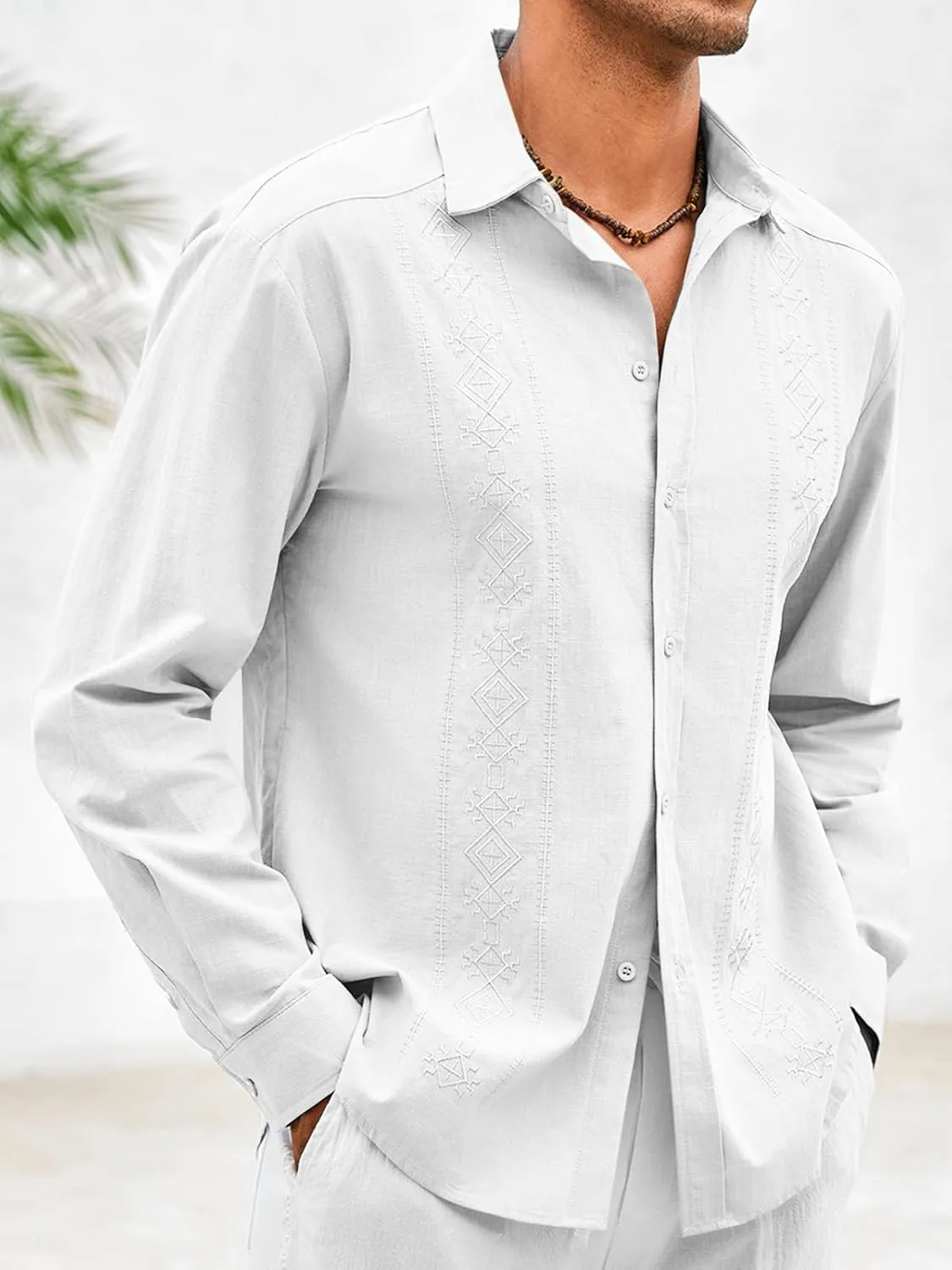 Makkrom Men's Casual Cotton Linen Button Down Shirts Cuban Guayabera Shirt Long Sleeve Summer Beach Tops