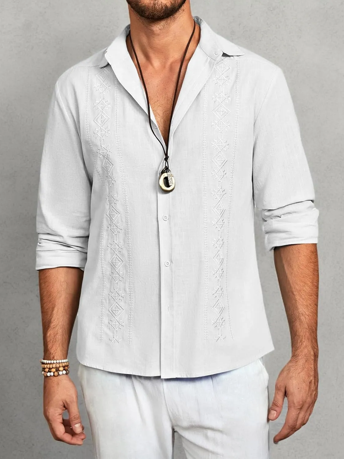 Makkrom Men's Casual Cotton Linen Button Down Shirts Cuban Guayabera Shirt Long Sleeve Summer Beach Tops