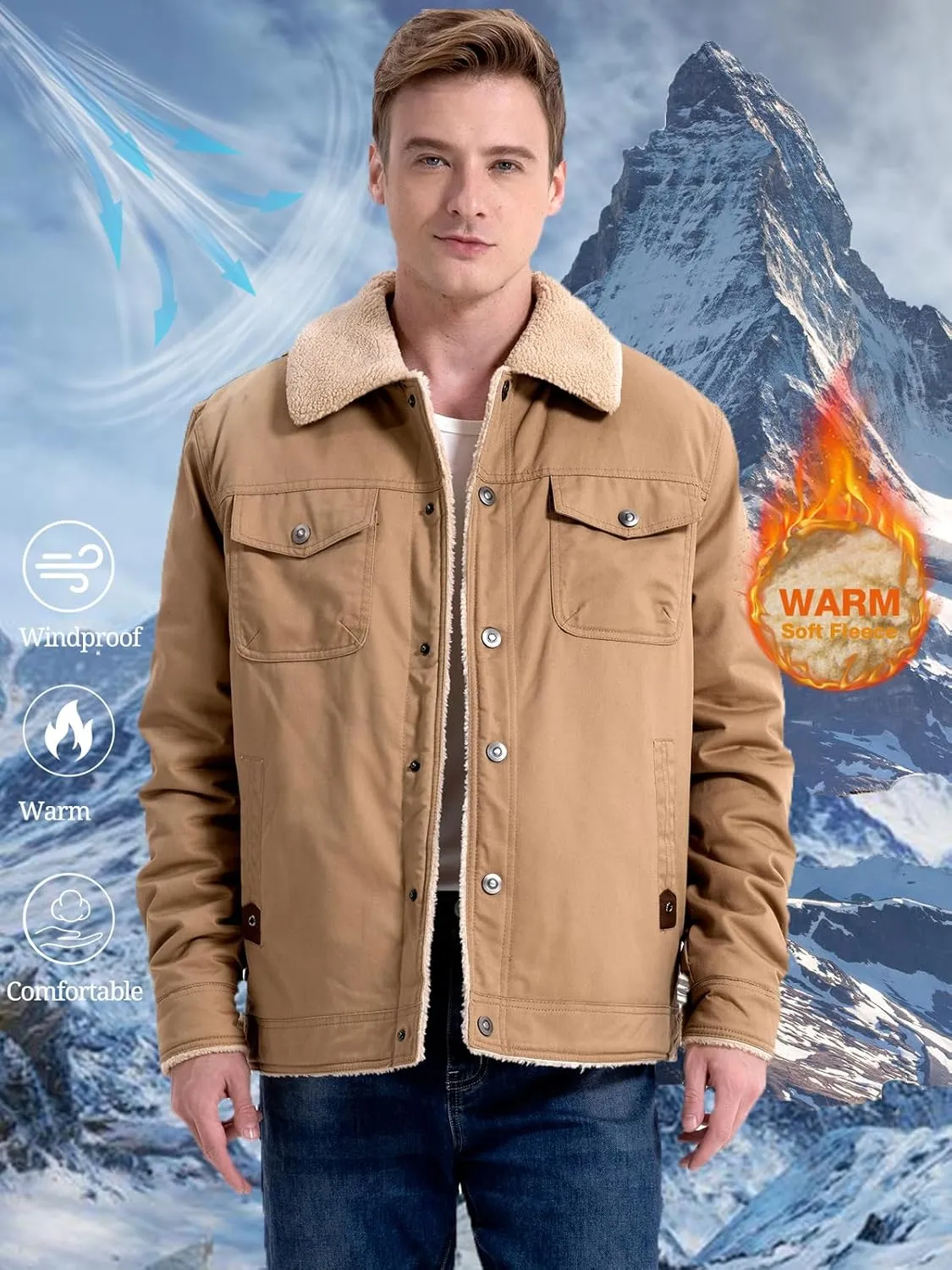 MANSDOUR Men's Winter Cargo Jacket Warm Cotton Fleece lined Sherpa Jackets Military Trucker Work Coat