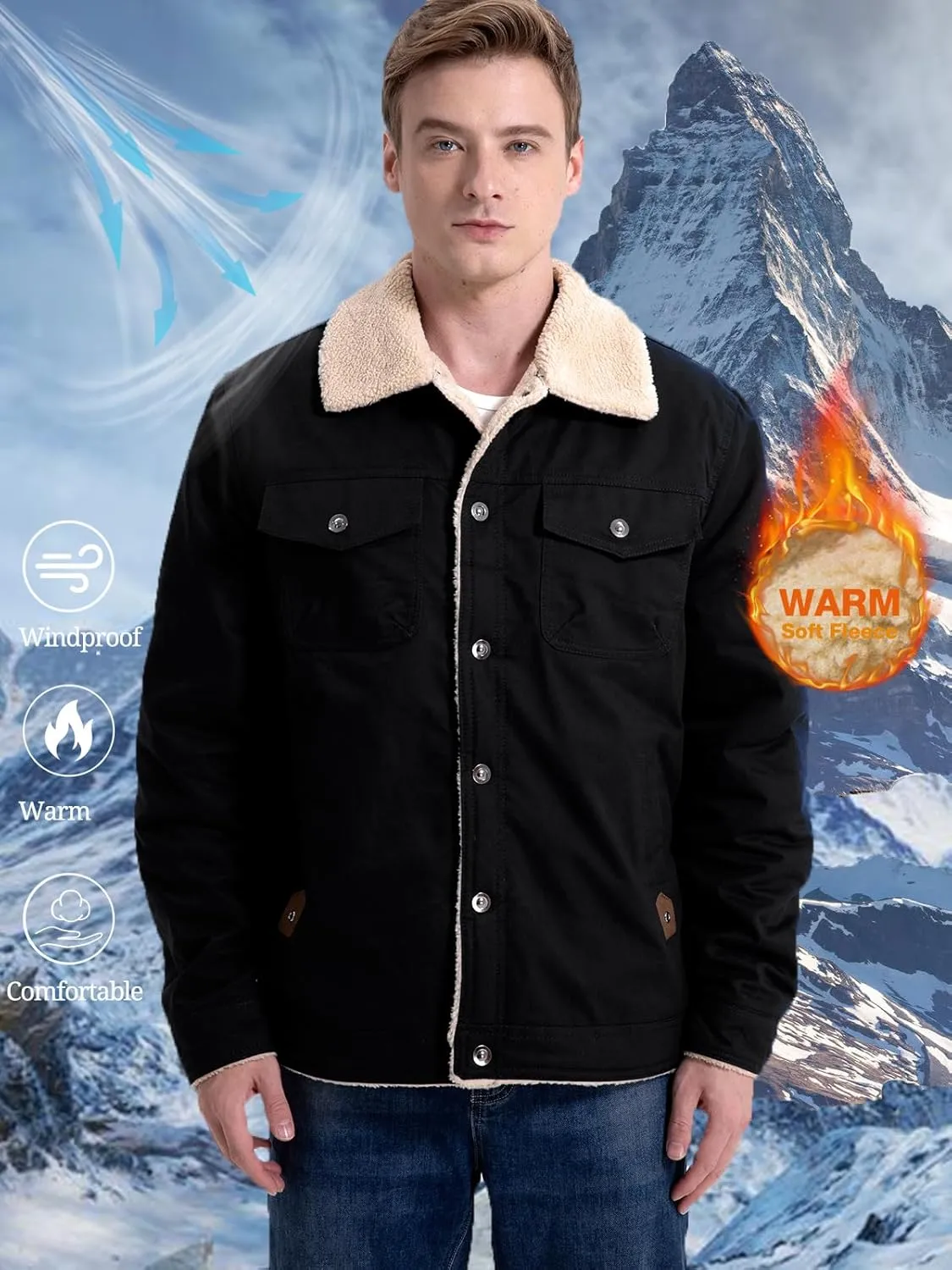 MANSDOUR Men's Winter Cargo Jacket Warm Cotton Fleece lined Sherpa Jackets Military Trucker Work Coat