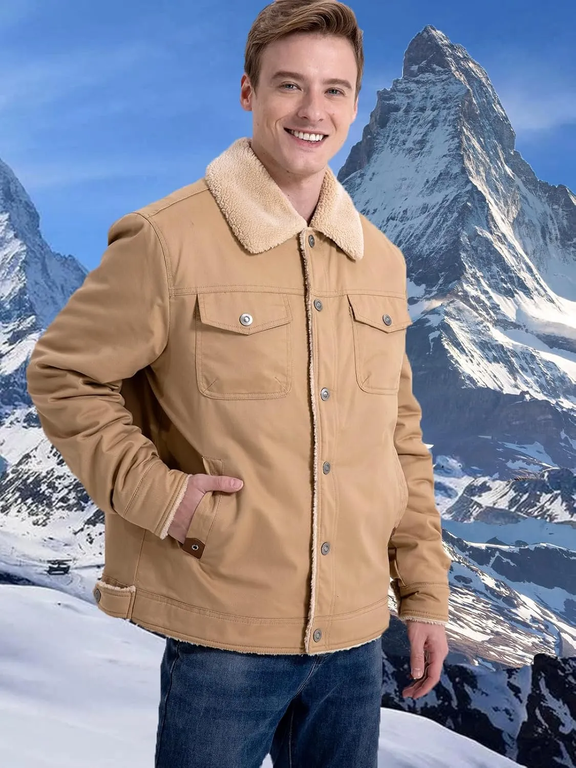MANSDOUR Men's Winter Cargo Jacket Warm Cotton Fleece lined Sherpa Jackets Military Trucker Work Coat