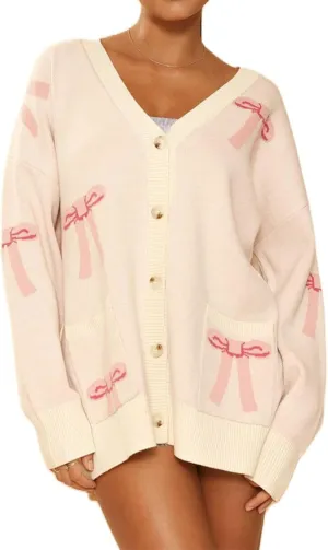 Meiweileya Womens Oversized Cardigan Sweaters Bow Printed Button Down Y2k V Neck Loose Long Sleeve Knit Coat