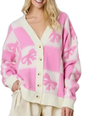 Meiweileya Womens Oversized Cardigan Sweaters Bow Printed Button Down Y2k V Neck Loose Long Sleeve Knit Coat