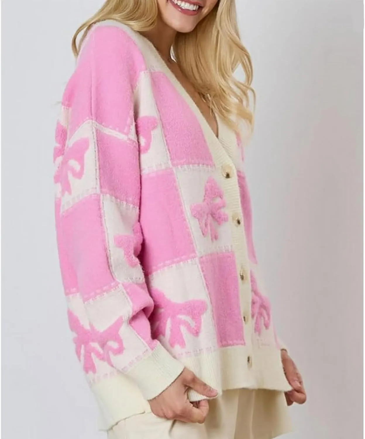 Meiweileya Womens Oversized Cardigan Sweaters Bow Printed Button Down Y2k V Neck Loose Long Sleeve Knit Coat
