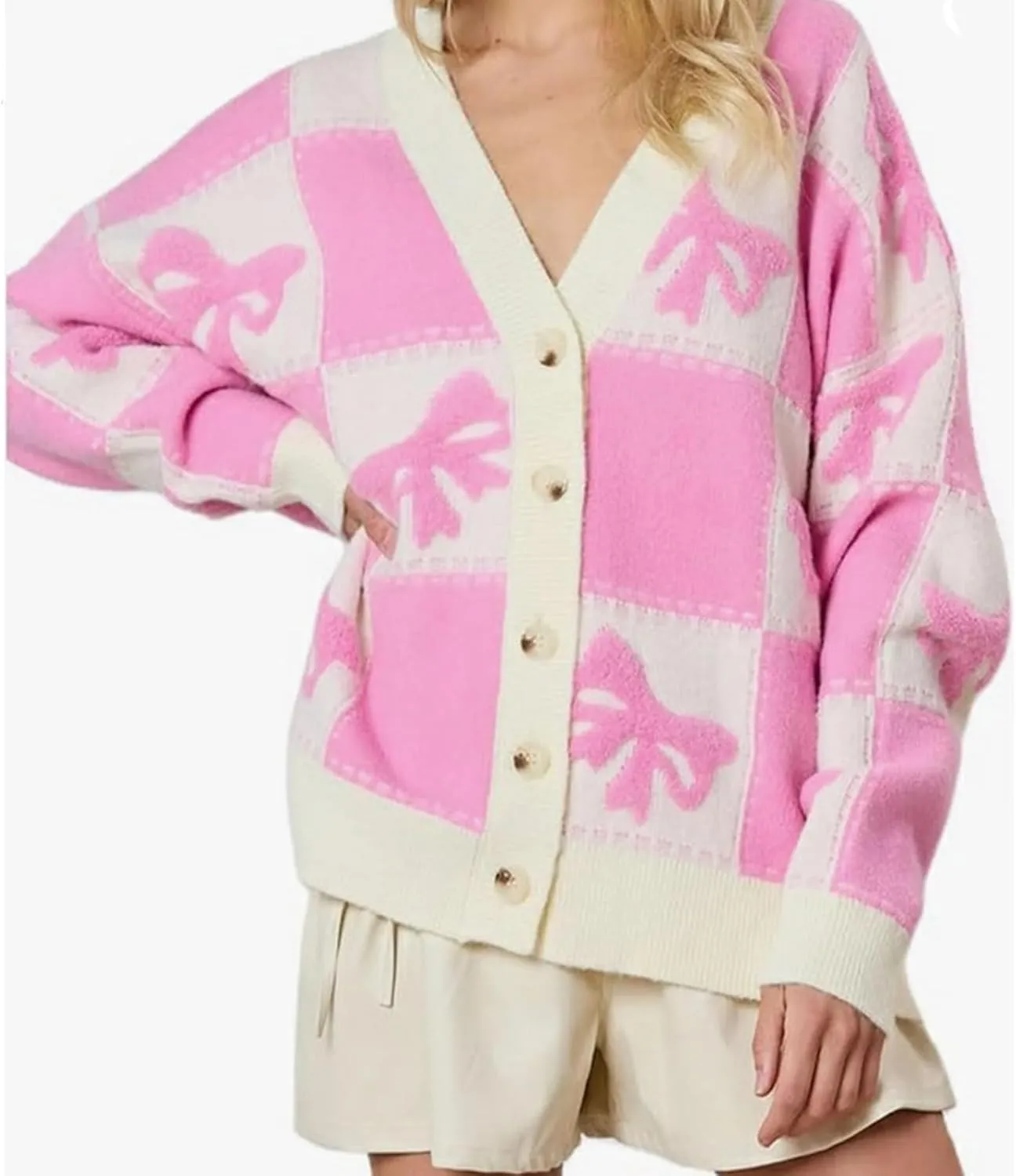 Meiweileya Womens Oversized Cardigan Sweaters Bow Printed Button Down Y2k V Neck Loose Long Sleeve Knit Coat