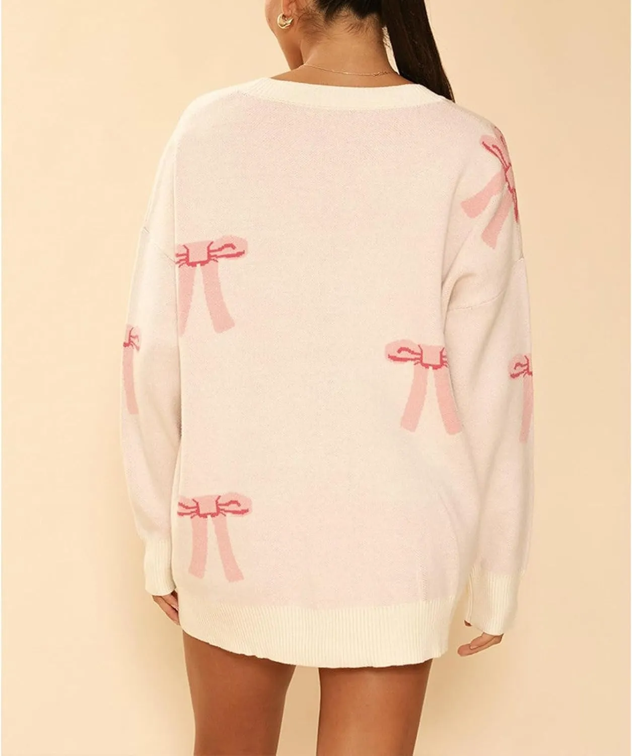 Meiweileya Womens Oversized Cardigan Sweaters Bow Printed Button Down Y2k V Neck Loose Long Sleeve Knit Coat