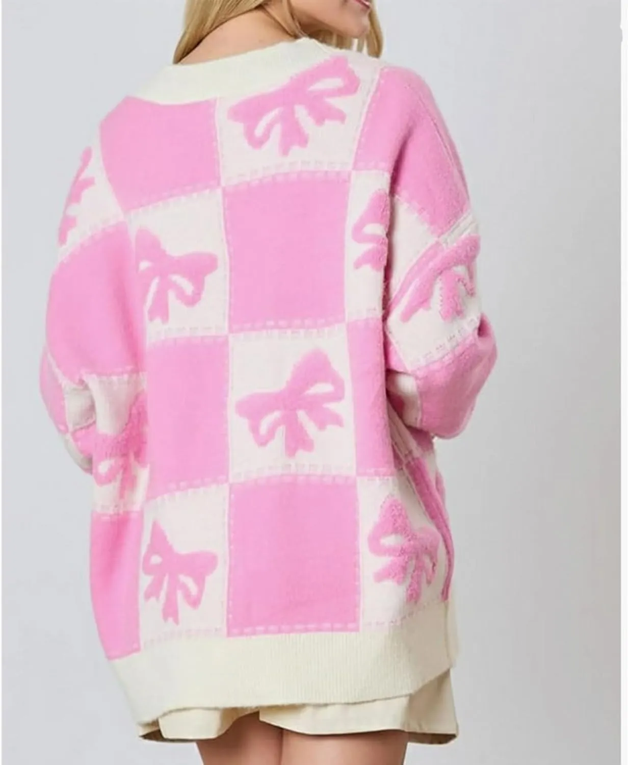 Meiweileya Womens Oversized Cardigan Sweaters Bow Printed Button Down Y2k V Neck Loose Long Sleeve Knit Coat
