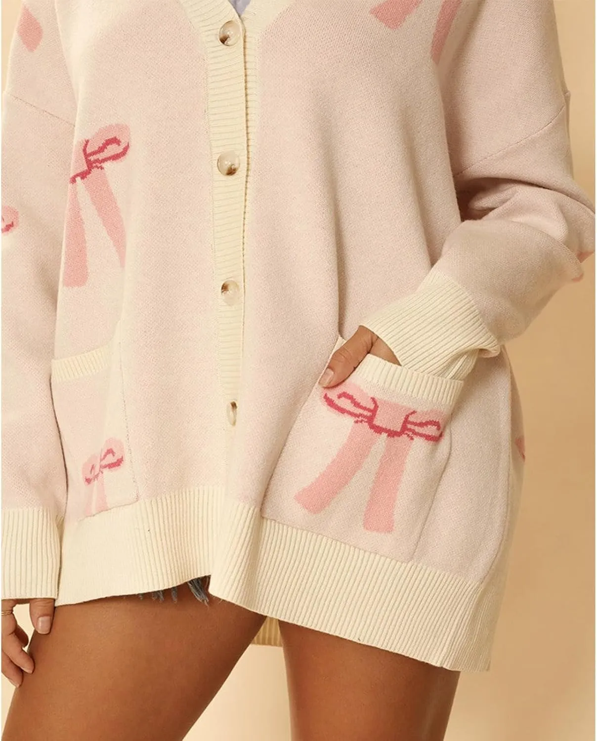 Meiweileya Womens Oversized Cardigan Sweaters Bow Printed Button Down Y2k V Neck Loose Long Sleeve Knit Coat