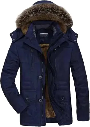 Men Outdoor Wool Liner Hooded Long Jacket Winter Padded Cotton Coat Thicken Hooded Snow Parkas