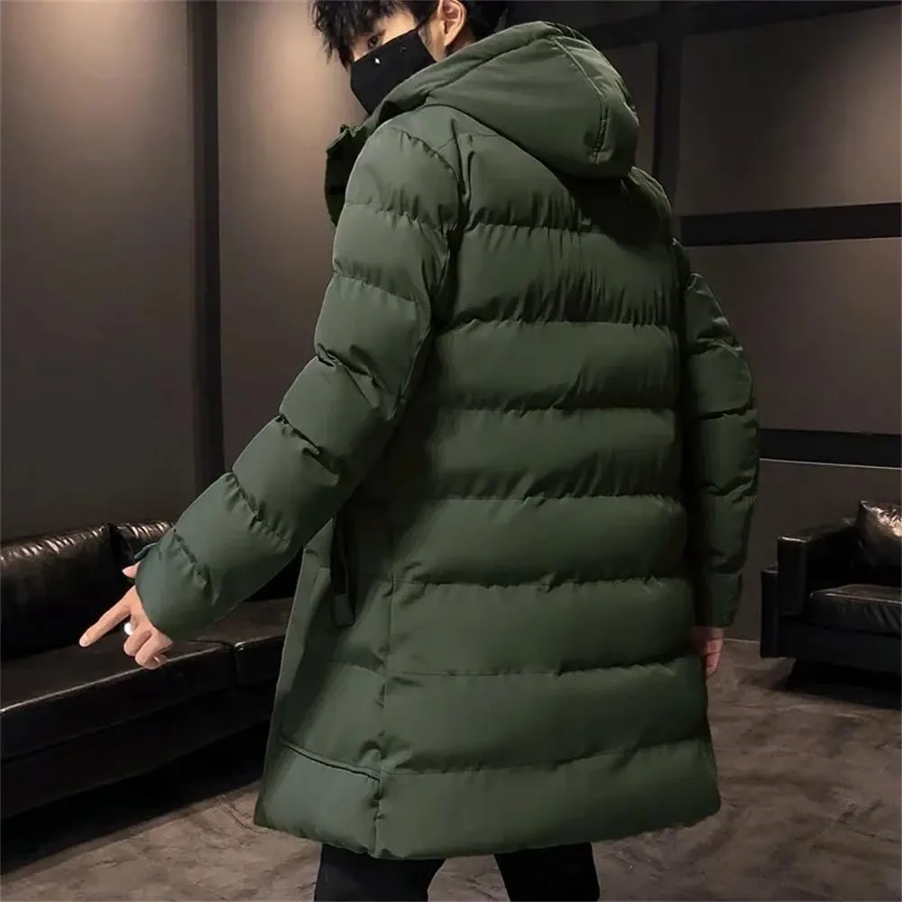 Men Winter Thick Warm Parkas Casual Mid-Length Cotton Jacket Hooded Padded Coat