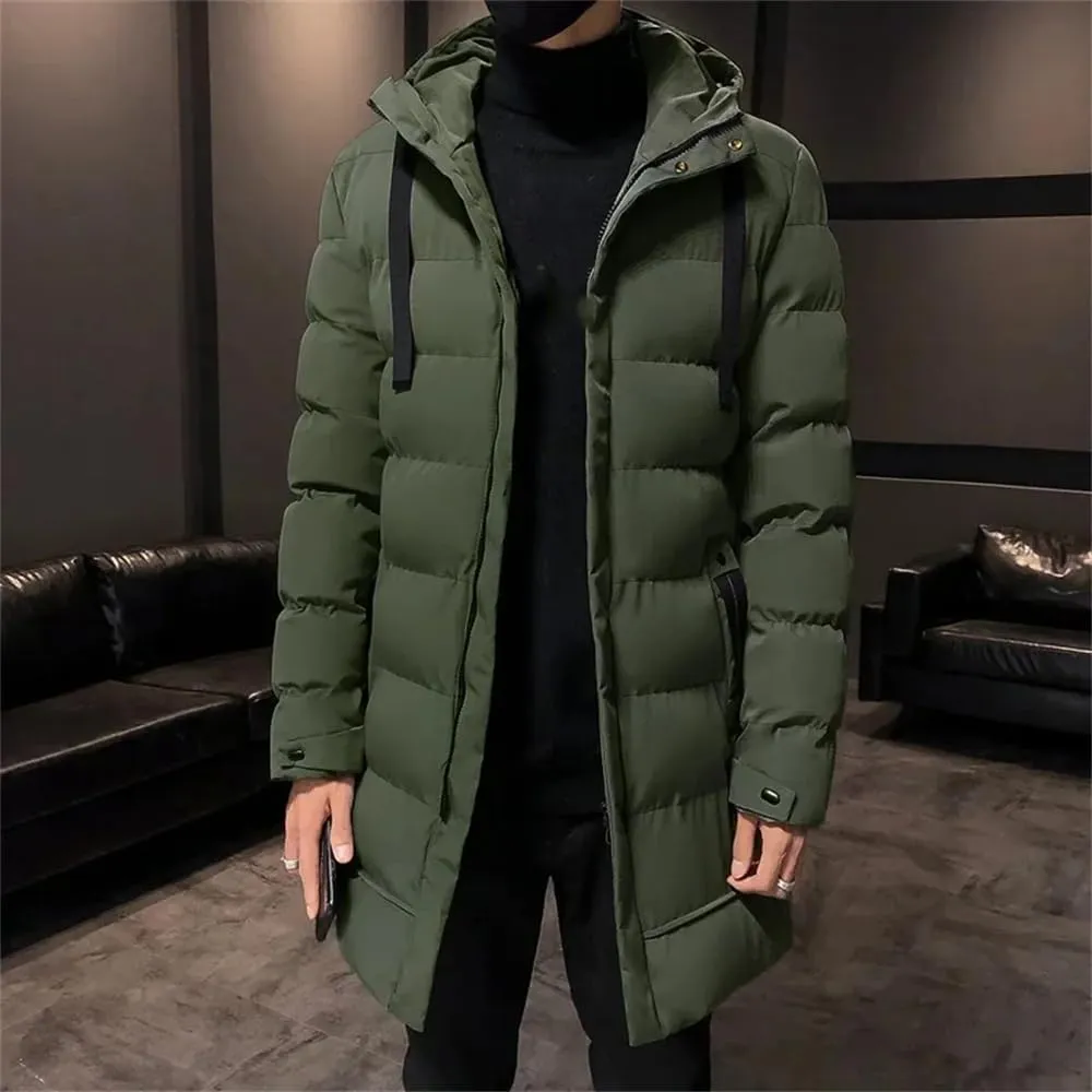 Men Winter Thick Warm Parkas Casual Mid-Length Cotton Jacket Hooded Padded Coat