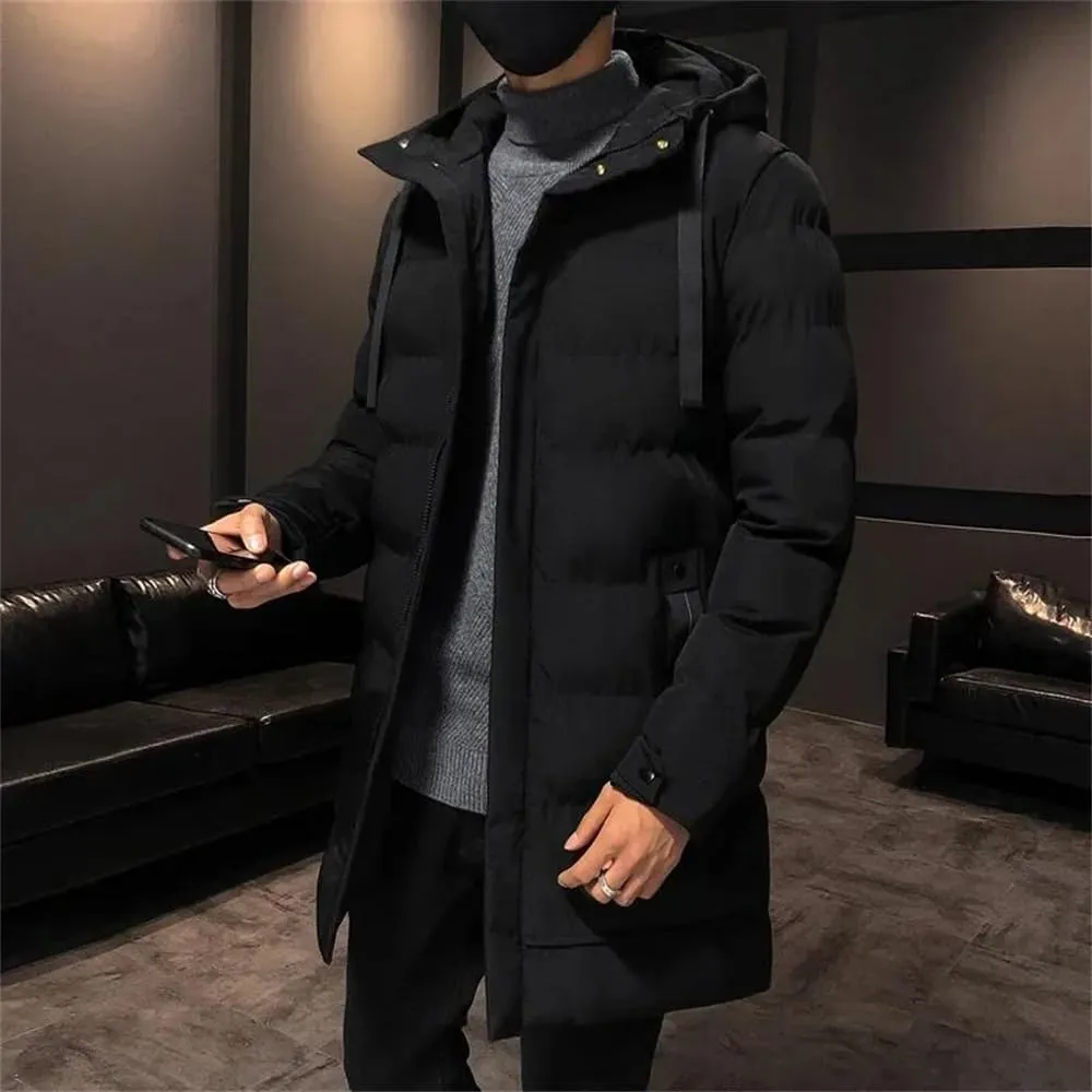 Men Winter Thick Warm Parkas Casual Mid-Length Cotton Jacket Hooded Padded Coat