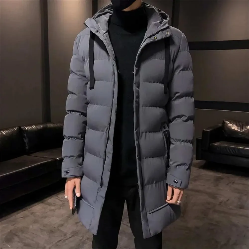 Men Winter Thick Warm Parkas Casual Mid-Length Cotton Jacket Hooded Padded Coat