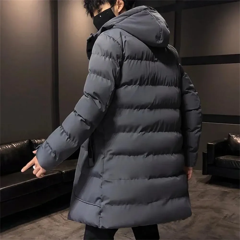 Men Winter Thick Warm Parkas Casual Mid-Length Cotton Jacket Hooded Padded Coat
