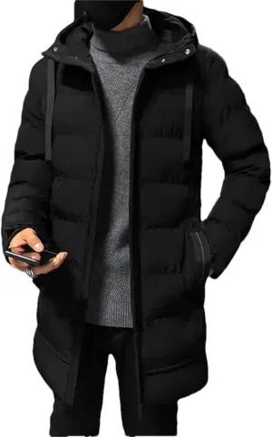 Men Winter Thick Warm Parkas Casual Mid-Length Cotton Jacket Hooded Padded Coat