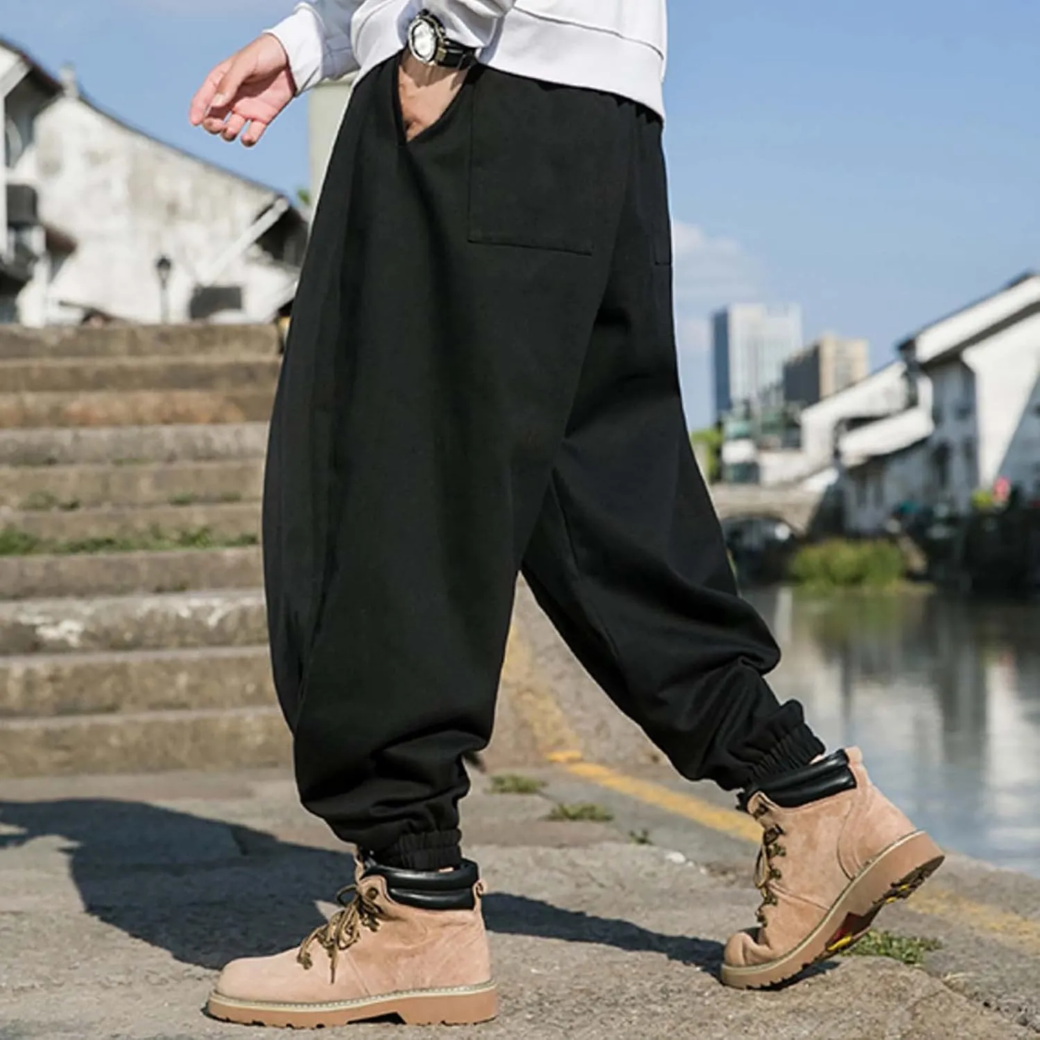 Mens Baggy Hip Hop Joggers Casual Trendy Harem Pants Cargo Hippie Loose Fit Drop Crotch Tapered Trousers Streetwear