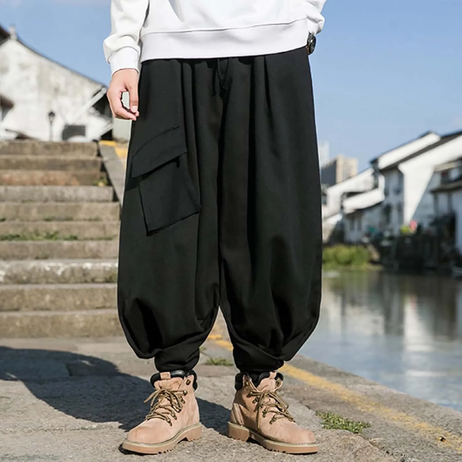 Mens Baggy Hip Hop Joggers Casual Trendy Harem Pants Cargo Hippie Loose Fit Drop Crotch Tapered Trousers Streetwear