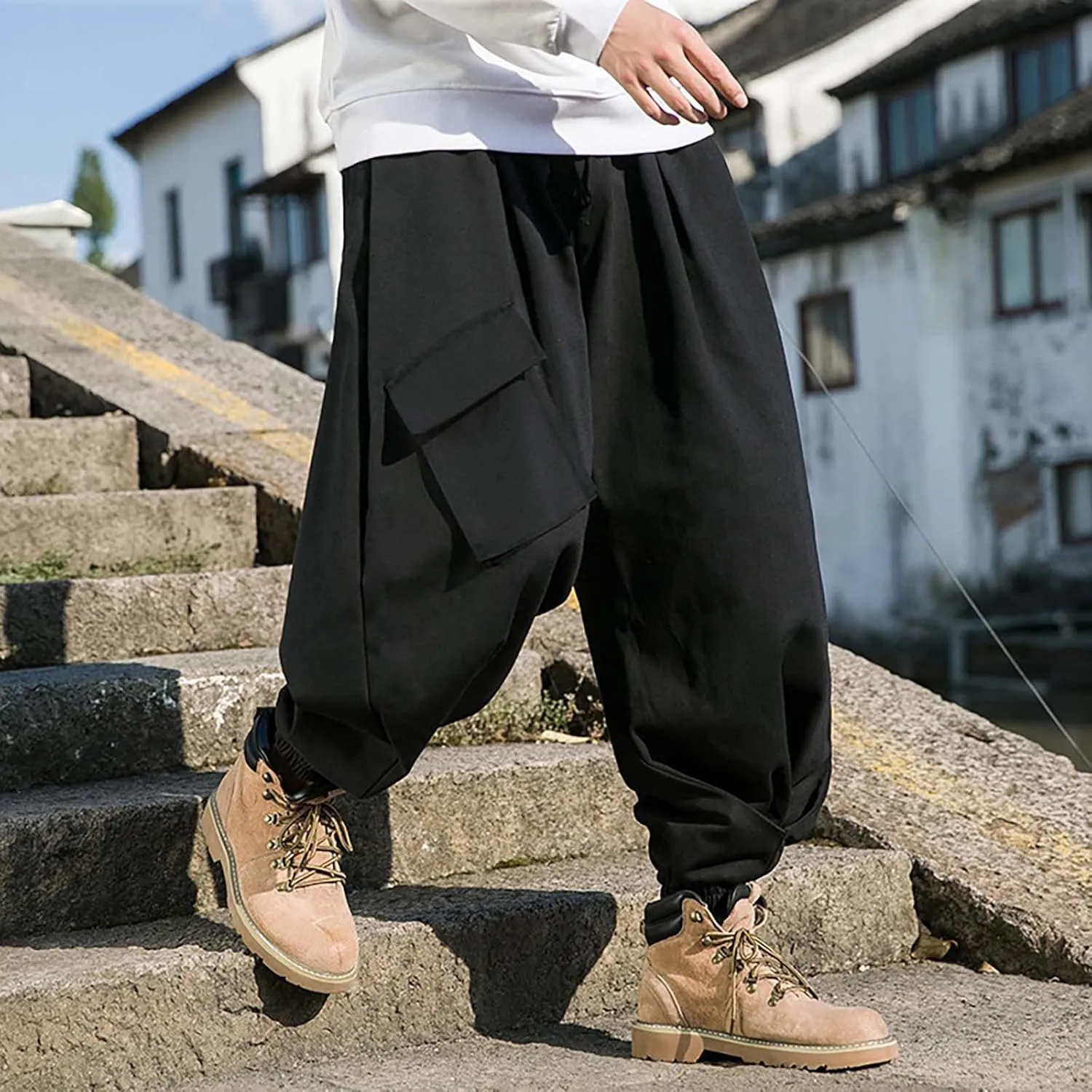 Mens Baggy Hip Hop Joggers Casual Trendy Harem Pants Cargo Hippie Loose Fit Drop Crotch Tapered Trousers Streetwear