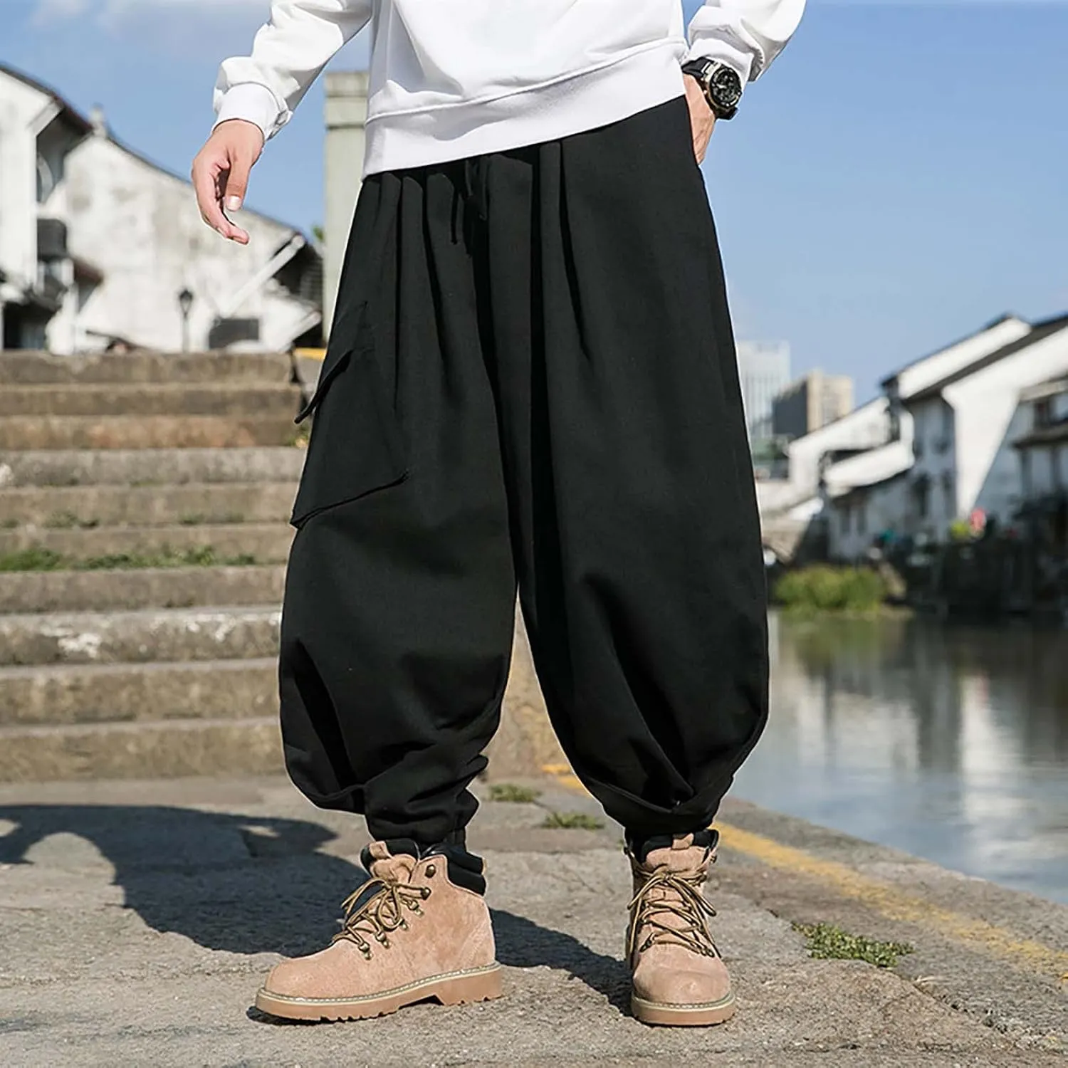 Mens Baggy Hip Hop Joggers Casual Trendy Harem Pants Cargo Hippie Loose Fit Drop Crotch Tapered Trousers Streetwear