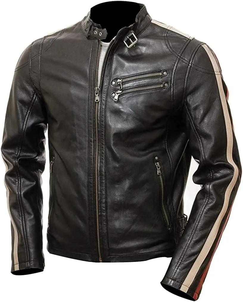 Mens Cafe Racer Motorcycle Leather Jacket Genuine Sheepskin Vintage Moto Biker Collection