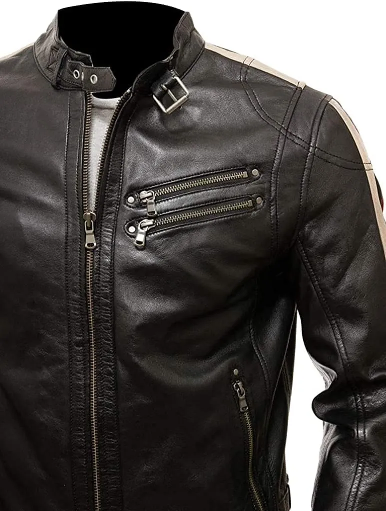 Mens Cafe Racer Motorcycle Leather Jacket Genuine Sheepskin Vintage Moto Biker Collection
