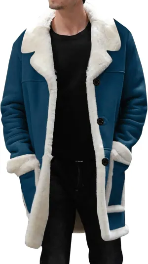 Mens Casual Sherpa Fleece Lined Jackets Winter Warm Fur Collar Long Trench Coats Big and Tall Outwears with Pockets