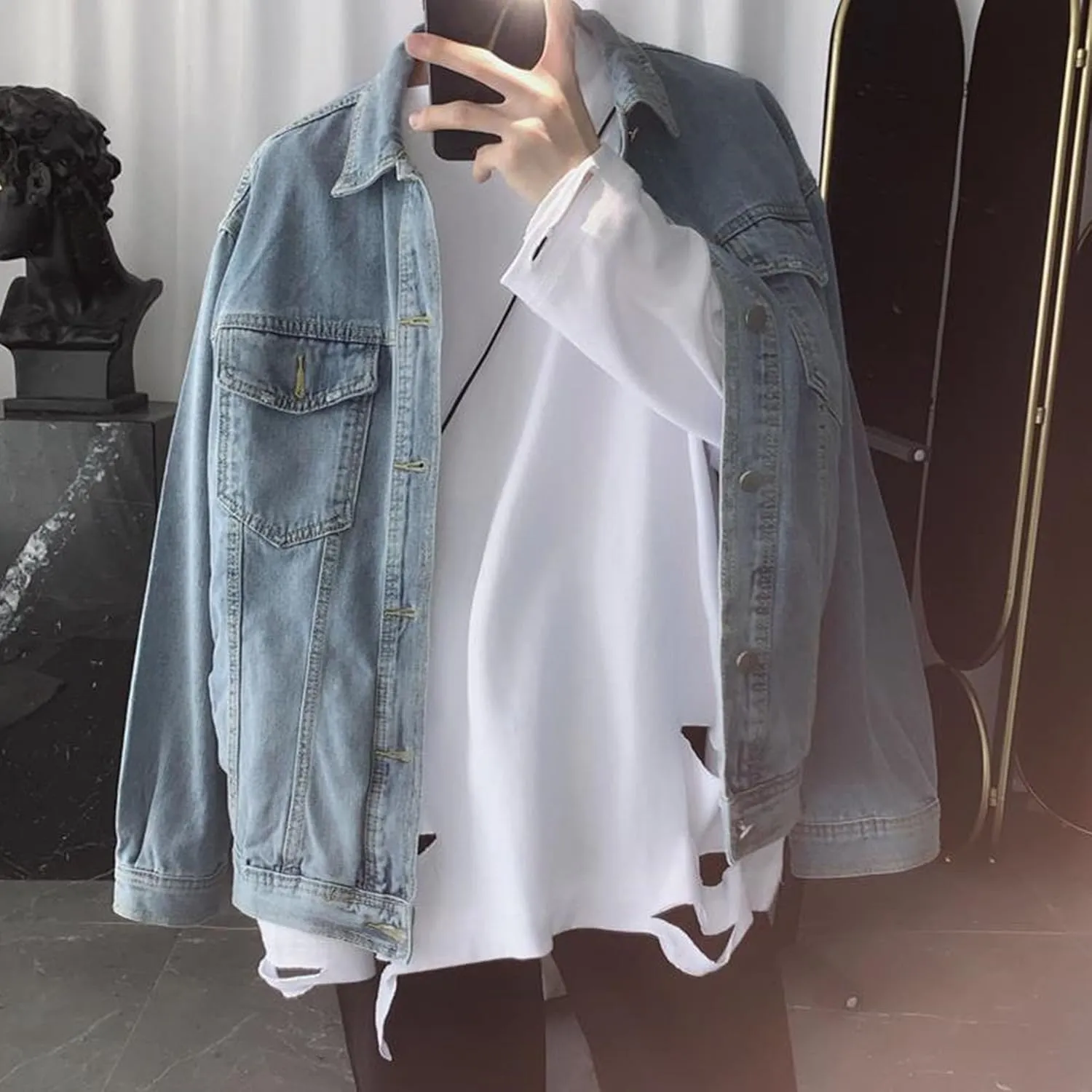 Mens Classic Washed Denim Jacket Slim Fit Trucker Cowboy Jackets Button Front Casual Mens Jean Coat