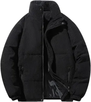 Mens Corduroy Parkas Vintage Cotton Padded Warm Coat Stand Collar Zipper Outerwear