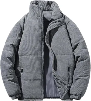 Mens Corduroy Parkas Vintage Cotton Padded Warm Coat Stand Collar Zipper Outerwear