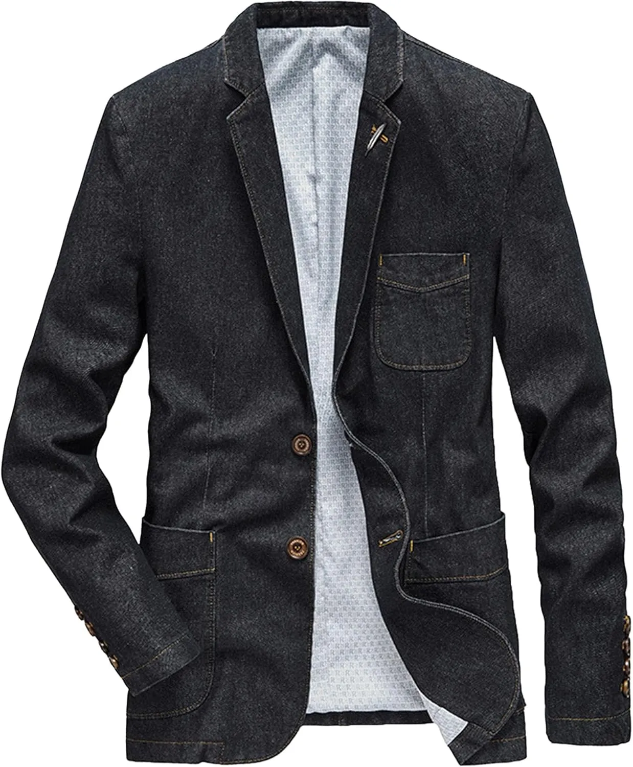 Men's Denim Blazer Two Button Jacket Slim Lapel Washed Suit Jackets Business Blazer Casual Sport Coat