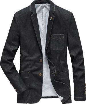 Men's Denim Blazer Two Button Jacket Slim Lapel Washed Suit Jackets Business Blazer Casual Sport Coat