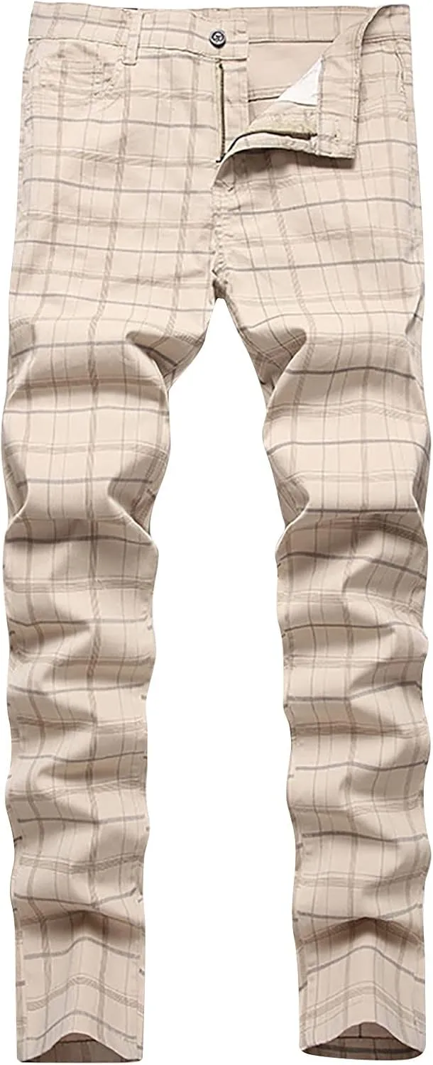 Mens Dress Pants Slim Fit Stretch Striped Plaid Denim Suit Pants Fashion Cotton Slacks Work Jean Straight Legs