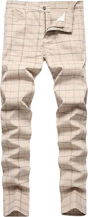 Mens Dress Pants Slim Fit Stretch Striped Plaid Denim Suit Pants Fashion Cotton Slacks Work Jean Straight Legs