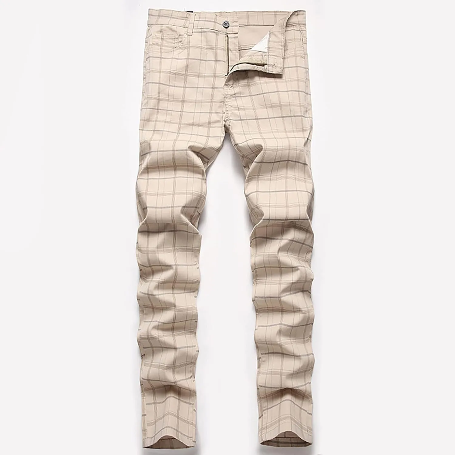 Mens Dress Pants Slim Fit Stretch Striped Plaid Denim Suit Pants Fashion Cotton Slacks Work Jean Straight Legs