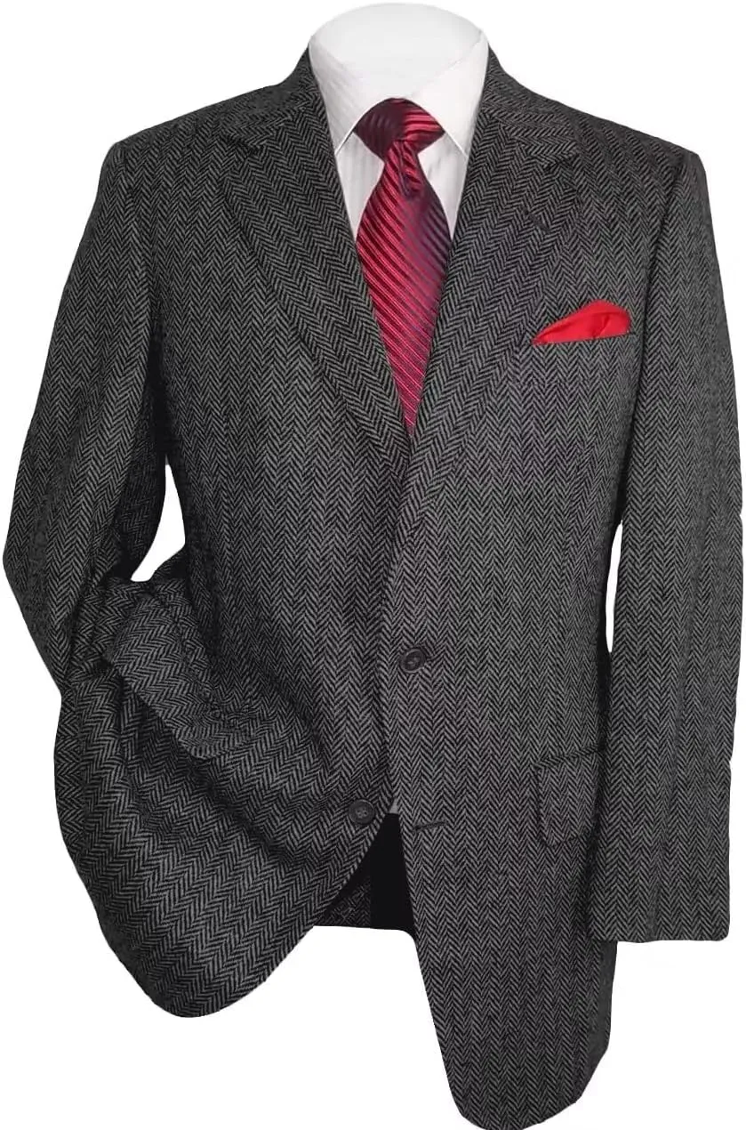 Mens Herringbone Tweed Blazer Men Vintage Suit Jacket Lightweight 2 Button Business Sport Coat Jackets