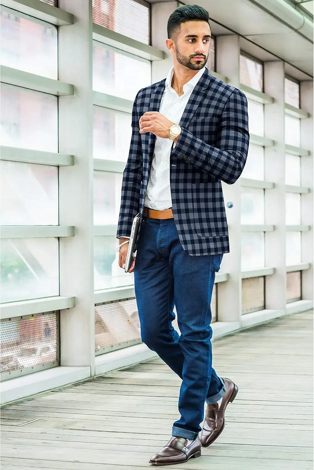Men's Plaid Blazer 2 Button Lightweight Regular Fit Checked Plaid Suit Sport Coat Jacket Casual Daily Dress Jacket Sport Coat