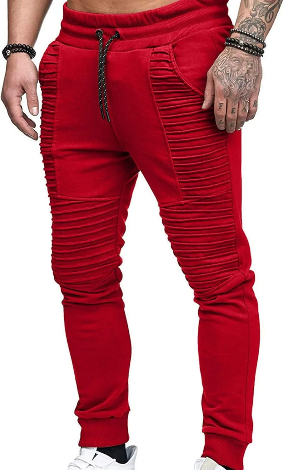 Men's Pleated Sweatpants Mid Waist Drawstring Slim Fit Tapered Trousers Gym Workout Running Sport Pants with Pocket