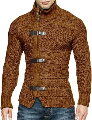 Men's Slim Fit Cable Chunky Knit Full Zip Up Button Turtle Neck Sweaters Cardigans
