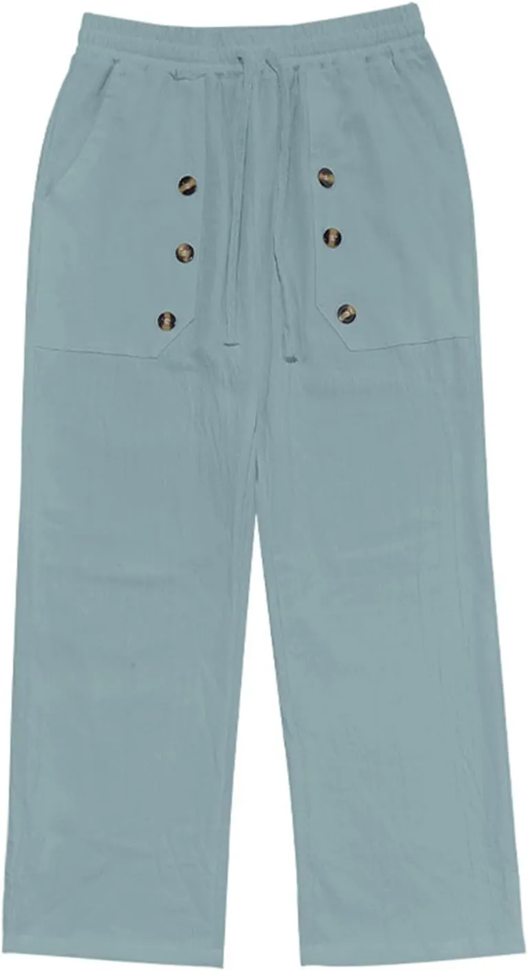 Mens Straight Leg Casual Solid Color Multi-Button Cotton and Linen Solid Color Pants 2025